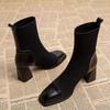 Black Women's Short Ankle Boots Sock Footwear Modern Booties High Heels Leather Heeled Autumn Boot Slip On Shoes for Woman