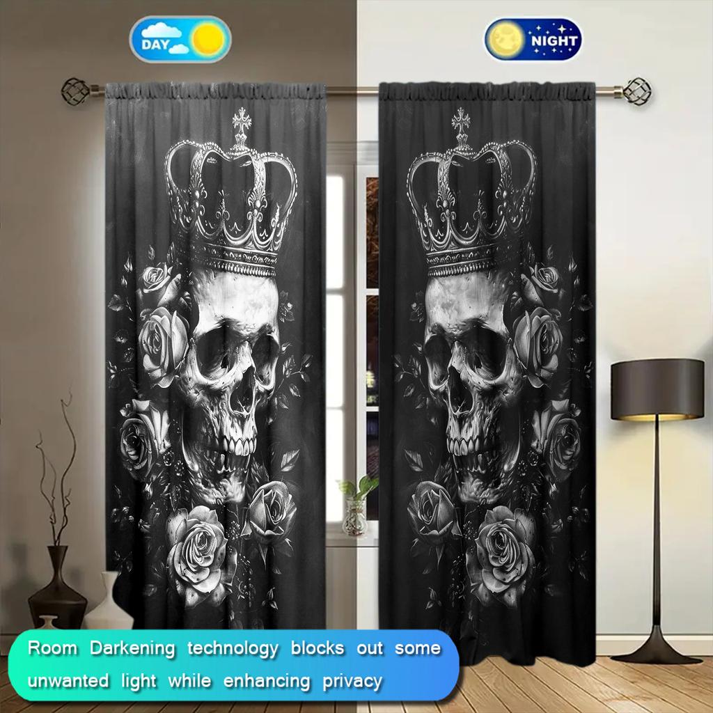 2pcs Gothic Black Rose Skull  Printed Curtain for Home Decor - Rod Pocket Window Treatment for Bedroom, Office, Kitchen