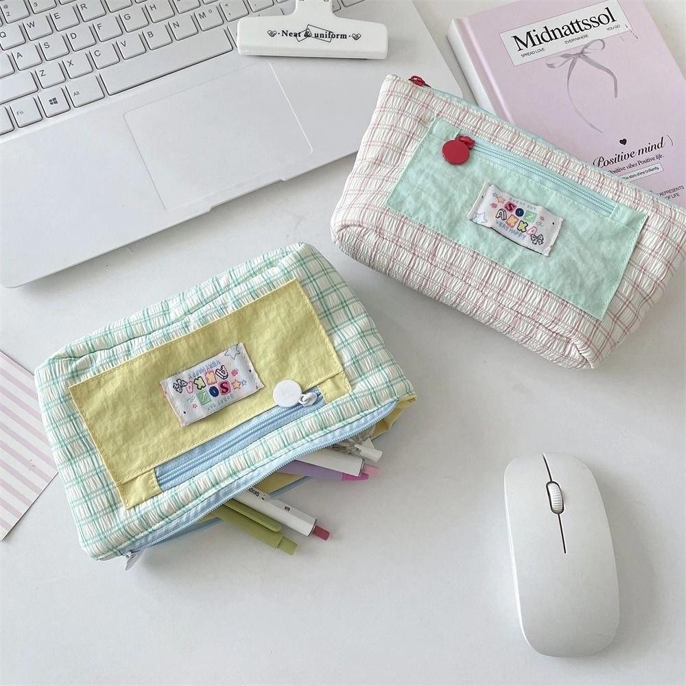Dopamine Contrasting Grid Pen Case Checkered Cute Makeup Bag Simple Cartoon Stationery Box School