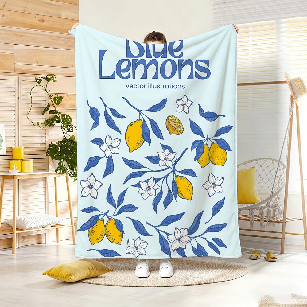 Summer Print-Vtg Lemon Throw Lightweight 240g Flannel Blanket Soft Skin-friendly for Summer Cooling