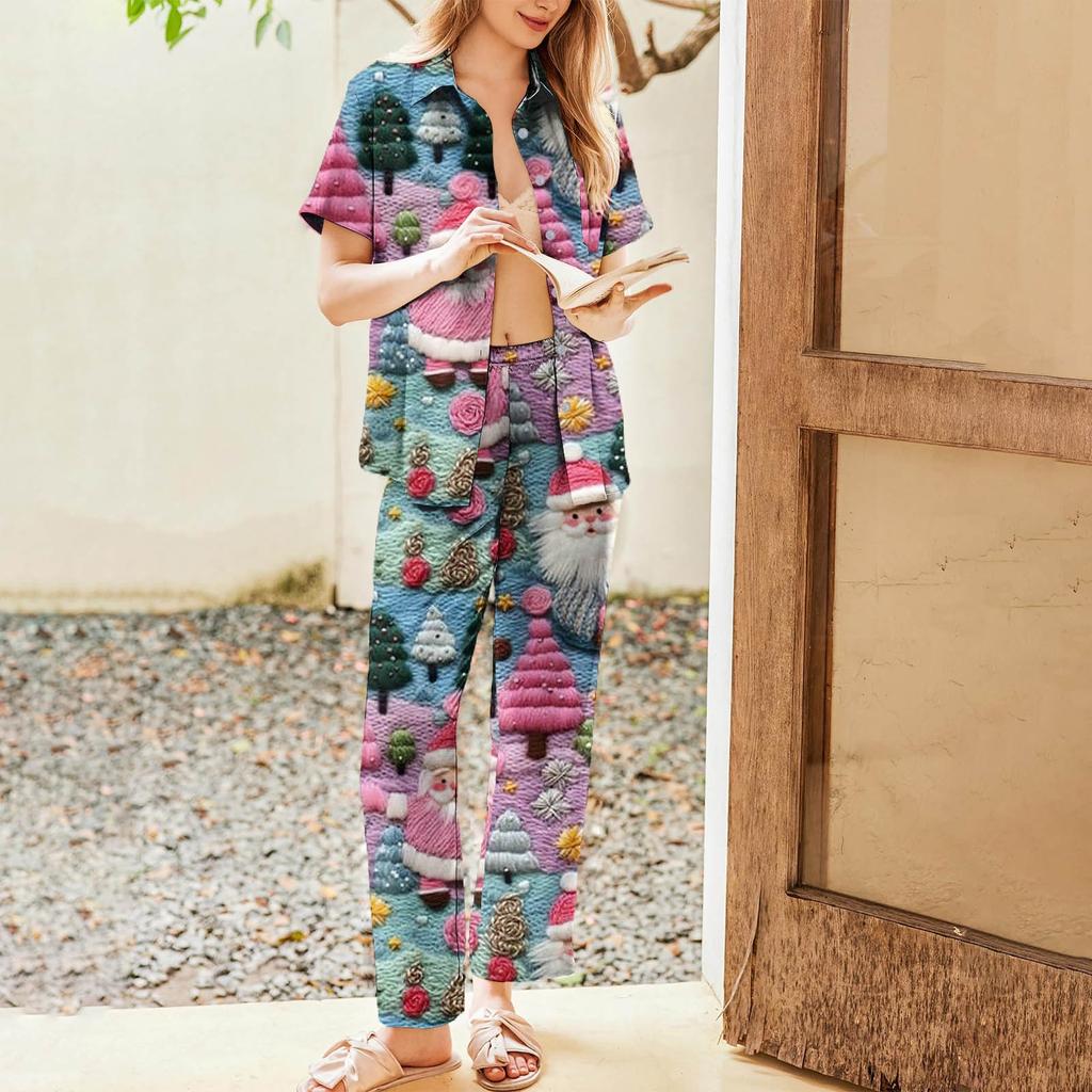 Женский рождественский пижамный комплект с принтом, женские короткие рукава, длинные брюки, комплект из двух предметов, застегивающийся на пуговицы, домашняя одежда