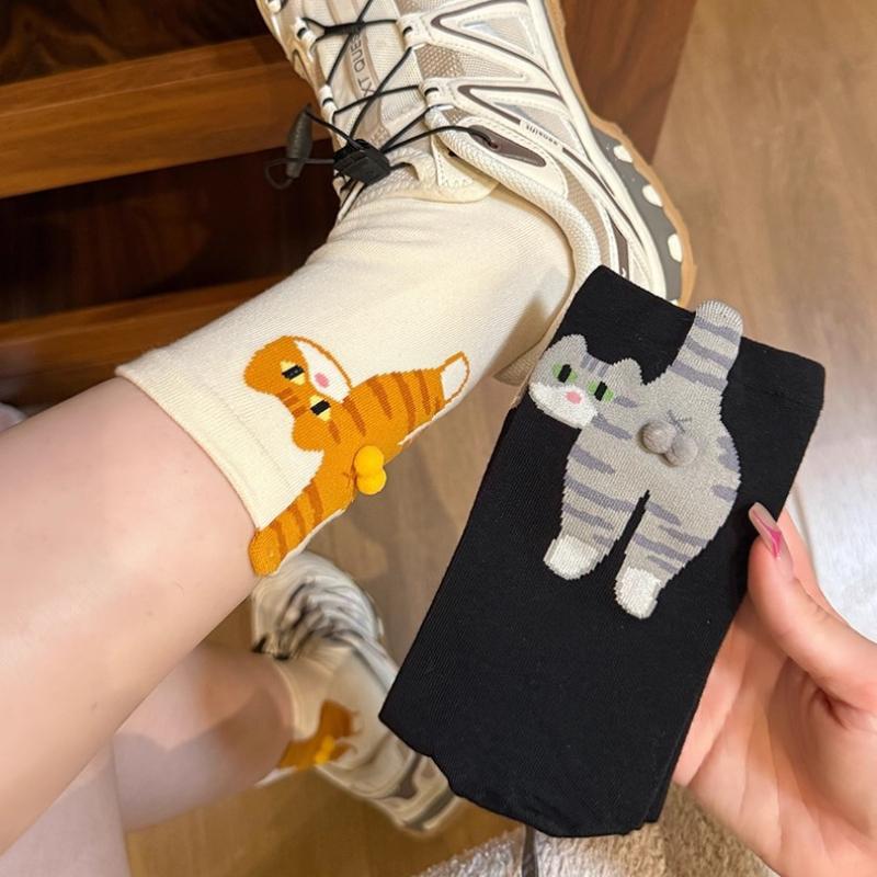 Носки средней длины с милым мультяшным котом на пятке, объемным меховым помпоном, забавные носки