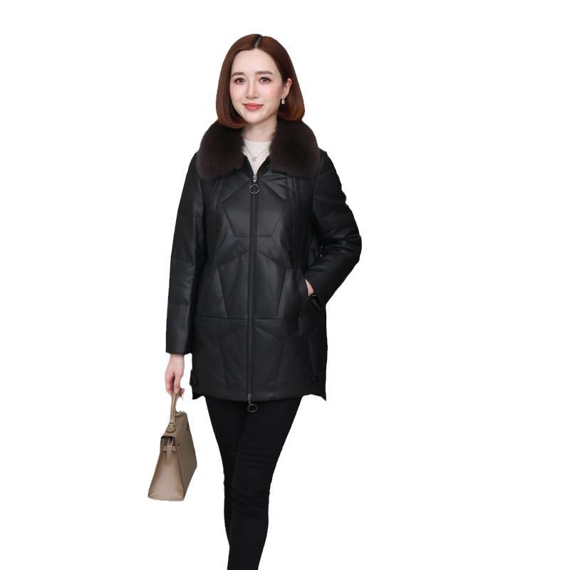 Пуховик из натуральной кожи, женская кожаная куртка средней длины с гусиным пухом, первый слой, воротник из овчины и меха лисы