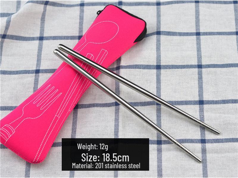 Набор столовых приборов из нержавеющей стали для улицы: Нож, Вилка, Ложка, Палочки для еды, Соломинка с тканевым мешочком «Пион» - 7 предметов