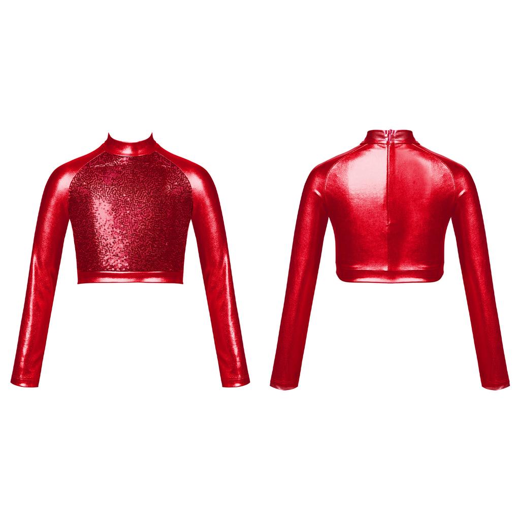 Детский блестящий металлизированный укороченный топ в стиле хип-хоп для девочек, футболка с длинными рукавами и блестками, современная танцевальная одежда для джазового балета