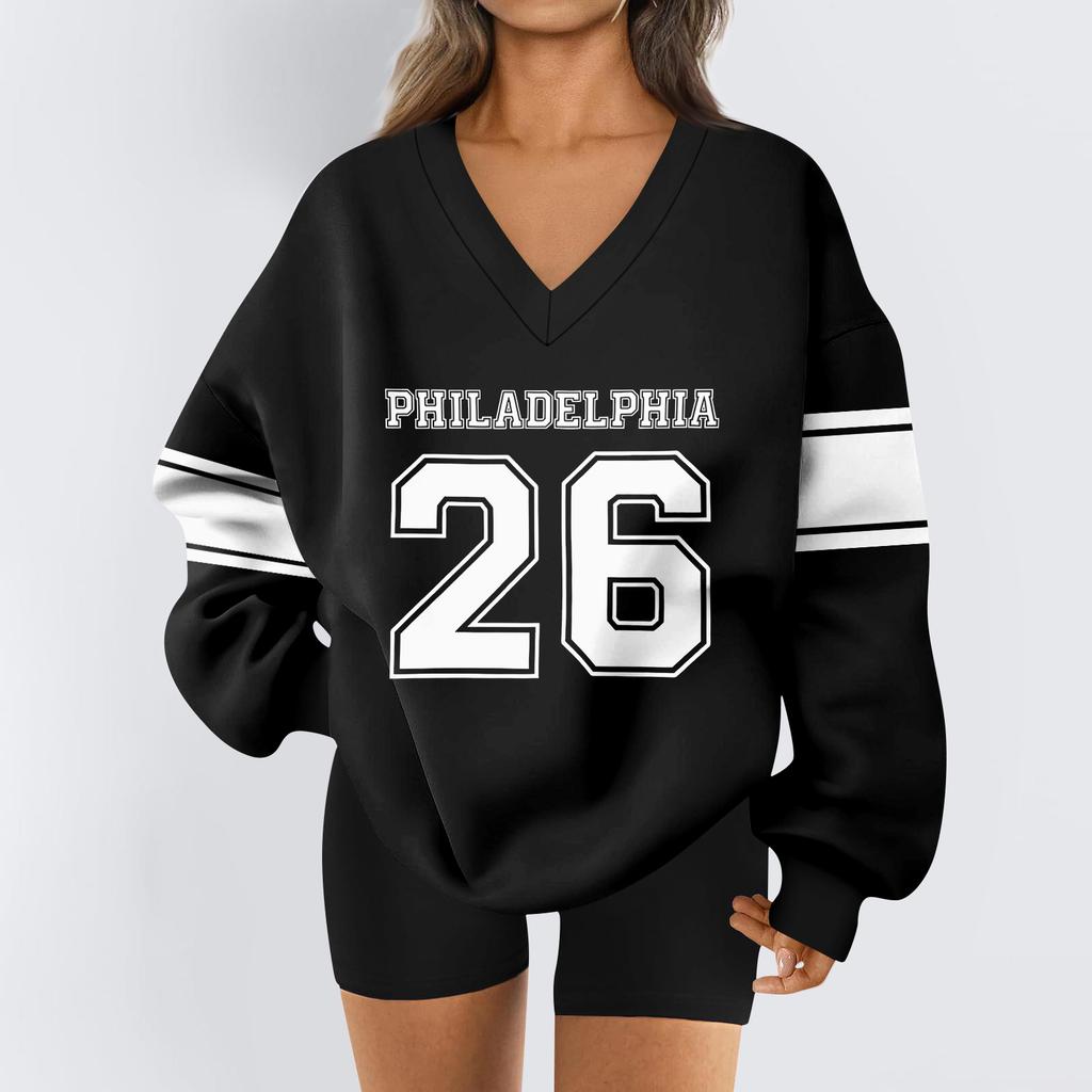 Women's Loose And Comfortable Letter V-neck Sportswear Long-sleeved Sweatshirt Daily Matching Clothes