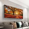 Autumn Tree Sunrise Golden Leaves Theme Canvas Wall Art Living Room, Bathroom, Home Office Room Aesthetic Decorative Poster