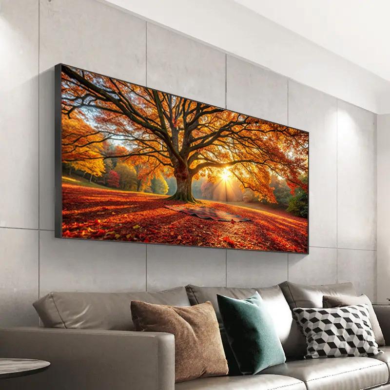 Autumn Tree Sunrise Golden Leaves Theme Canvas Wall Art Living Room, Bathroom, Home Office Room Aesthetic Decorative Poster