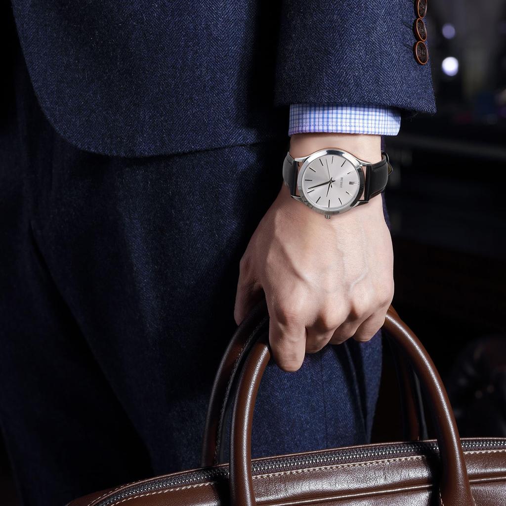 BUREI Аналоговые Кварцевые Кожаные Подарочные Мужские Часы, Водонепроницаемые, Популярные, Простые, Стильные, Деловые, Повседневные, Ремешок, (Серебристый, Черный, Кожаный)