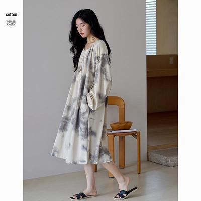 Женская антибактериальная ночная сорочка из вискозы и хлопка - Осенний стиль ваби-саби, Чистый хлопок, Длинный рукав, Миди, Домашняя одежда, Пижама