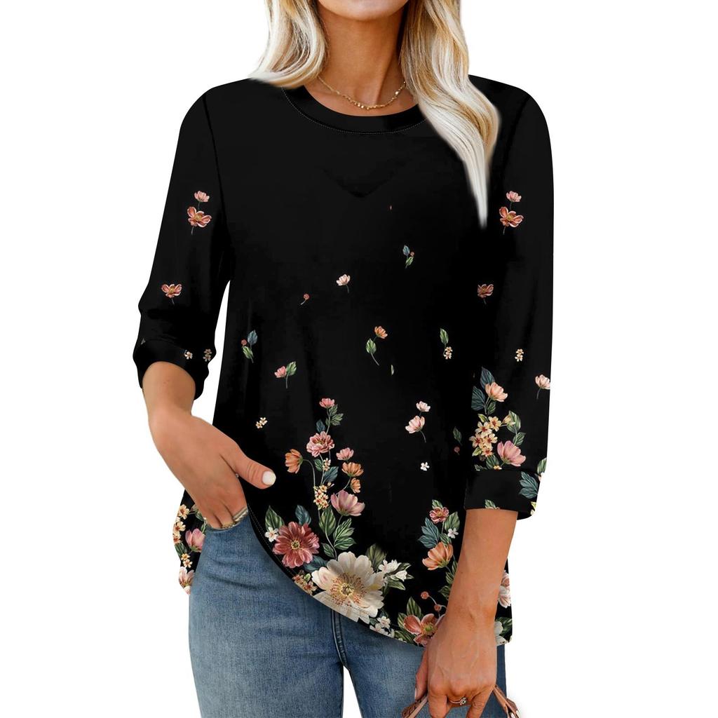 Женская модная повседневная свободная футболка с круглым вырезом и рукавами 3/4 с принтом, женский топ