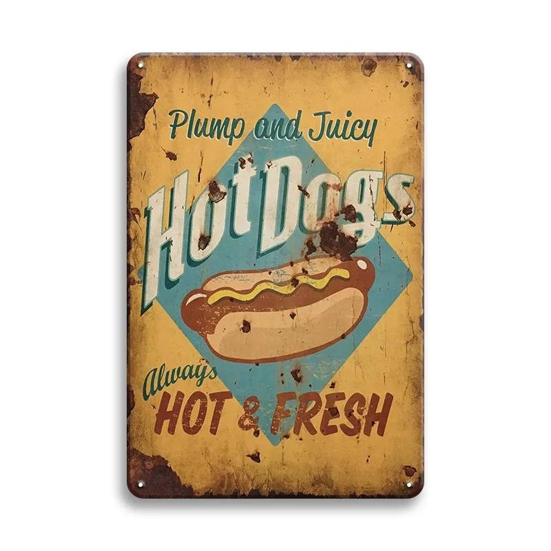 Hot Dog Fresh Hamburgers Metal Signs BBQ Vintage Posters Home Kitchen Wall Decor Iron Plate Painting Fast Food Shop Plaques