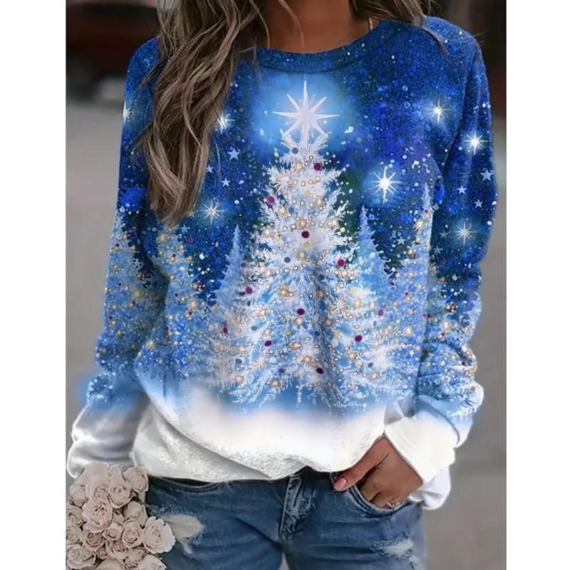 Весенне-осенний женский топ с рождественским принтом, футболка с круглым вырезом, повседневный милый стиль, футболка с длинным рукавом