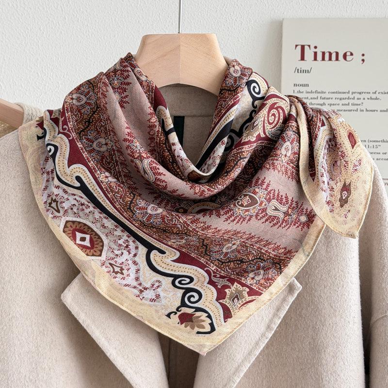 Red cashew flower silk scarf 71 imitation silk small square scarf women's spring and autumn ethnic style headscarf neck protection cotton and linen he