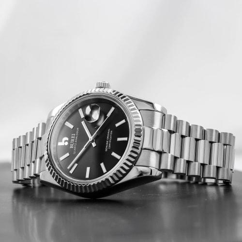 BUREI Men's Waterproof Quartz Analog Watch, Simple and Popular for Business and Fashion, Silver-Black Luminous Design, Perfect As a Birthday Gift