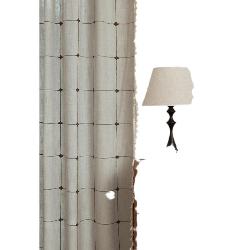 Серые Готовые Шторы Вышивка Хлопок и Лен Однотонные Клетчатые Кофе Изоляция Гостиная Кухня Комплект Штанга Перегородка Штора