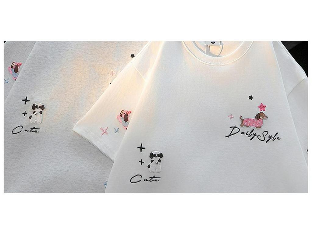 Американский шик Вышитая футболка из хлопка с коротким рукавом и щенком для женщин – Летний свободный крой Милый топ