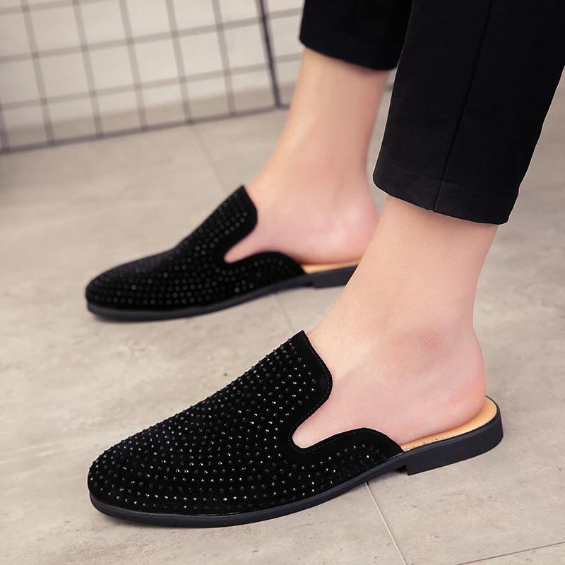 Luxury Glitter Rhinestone Leather Shoes Men Designer Outerwear Mules Casual Slides Slippers Sandals Male Fashion Shoes for Men