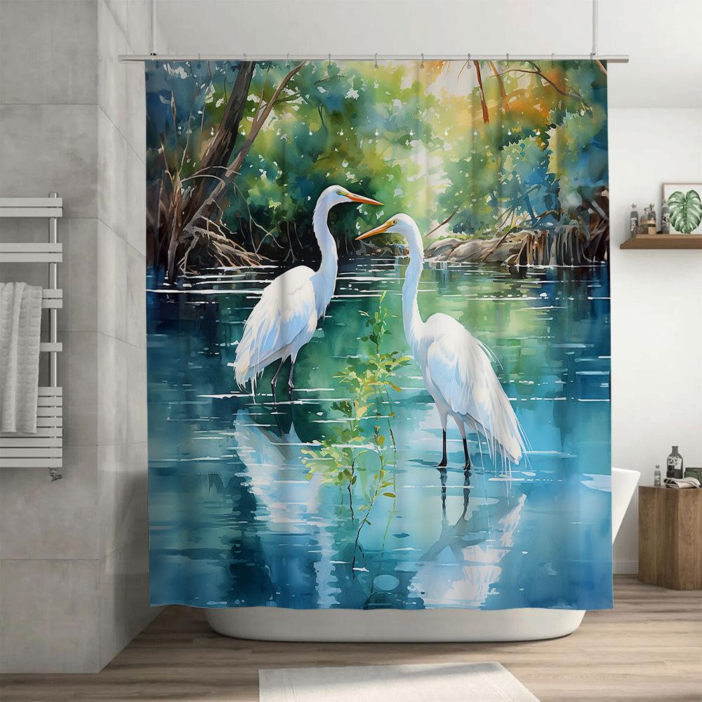 Watercolor Birds Bathroom Shower Curtain White Pelicans Swamp Print Home Decor Waterproof Fabric Shower Panel Suitable for Batht