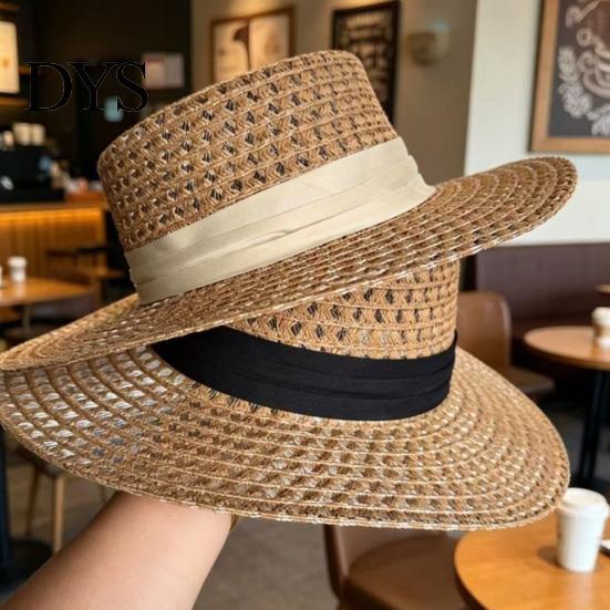 Elegant Vintage Sun Hat Women Straw Hat, with Satin Ribbon Decor, Wide Brim Foldable Travel Beach Breathable Flat Top for Summer Vacation Cap