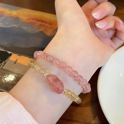 Ladies Handmade Pixiu Bracelet, Strawberry Quartz Citrine Combo, Sweet Chinese Style Travel Gift