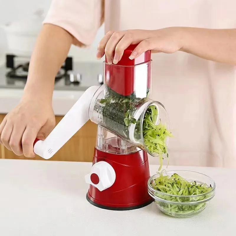 3-in-1 Manual Rotary Vegatable Fruit Slicer Kitchen Cheese Chopper Machine with 3 Sharp Drums Multifunctional Garlic Shredder