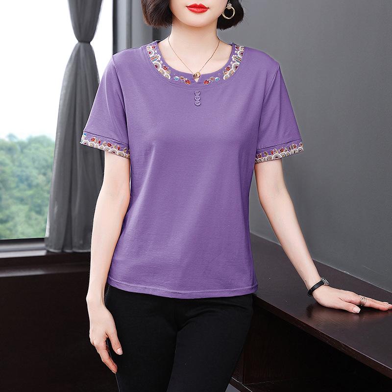 Вышитая летняя повседневная футболка с коротким рукавом для женщин среднего возраста