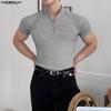 Men Zip-up Turtleneck Short Sleeve Rib Fitted T-Shirts Tops