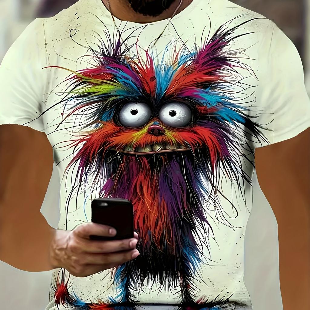 Мужская футболка с принтом 3D Dog - Цветной меховой узор с круглым вырезом и коротким рукавом, повседневный летний уличный топ