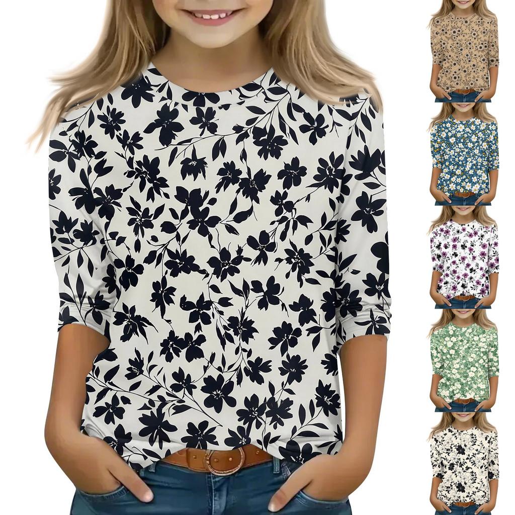 Children's 3/4 Sleeve Tops Casual Print T Shirt Round Neck Pullover Blouse