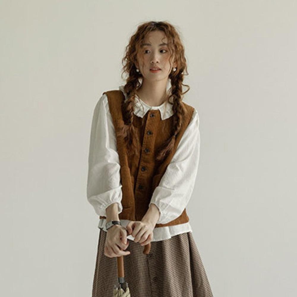 All Match Button-up Short Coats Round Neck Waistcoat Women Simple Vintage Corduroy Vests  Ladies