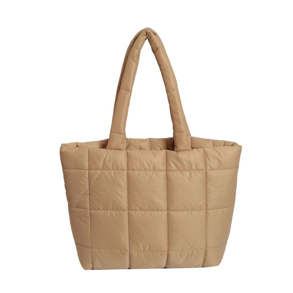 Simple Cotton Clothes Down Bag 2025 New Sewing Line Plaid Bag Fashionable Plain Board Large Capacity Tote Shoulder Bag