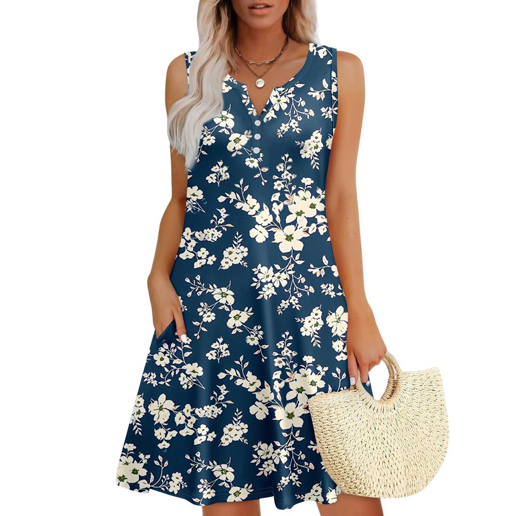 Женские летние платья Свободные сарафаны без рукавов с V-образным вырезом Платье с карманами