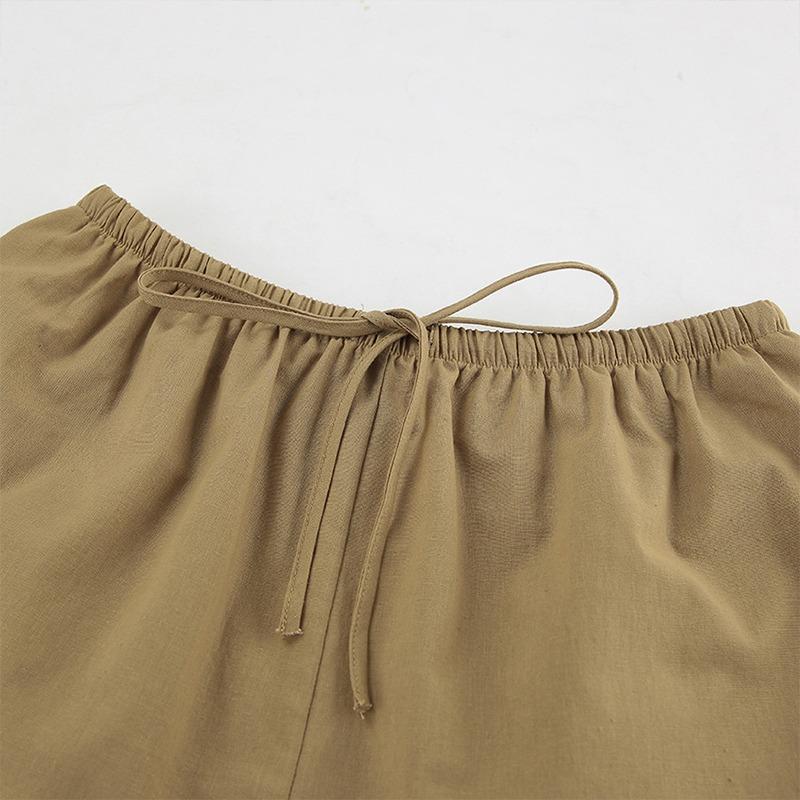 Khaki Cotton Linen Shorts Sets Women Spring Causal Long Sleeve Lapel Crop Shirt Lace-Up Wide Leg Shorts Simple Suits