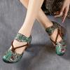 Women Summer Fashion Vintage Sandals Genuine Leather Print Thick Heels Sandals Retro Style Round Toe Casual High Heel Shoes