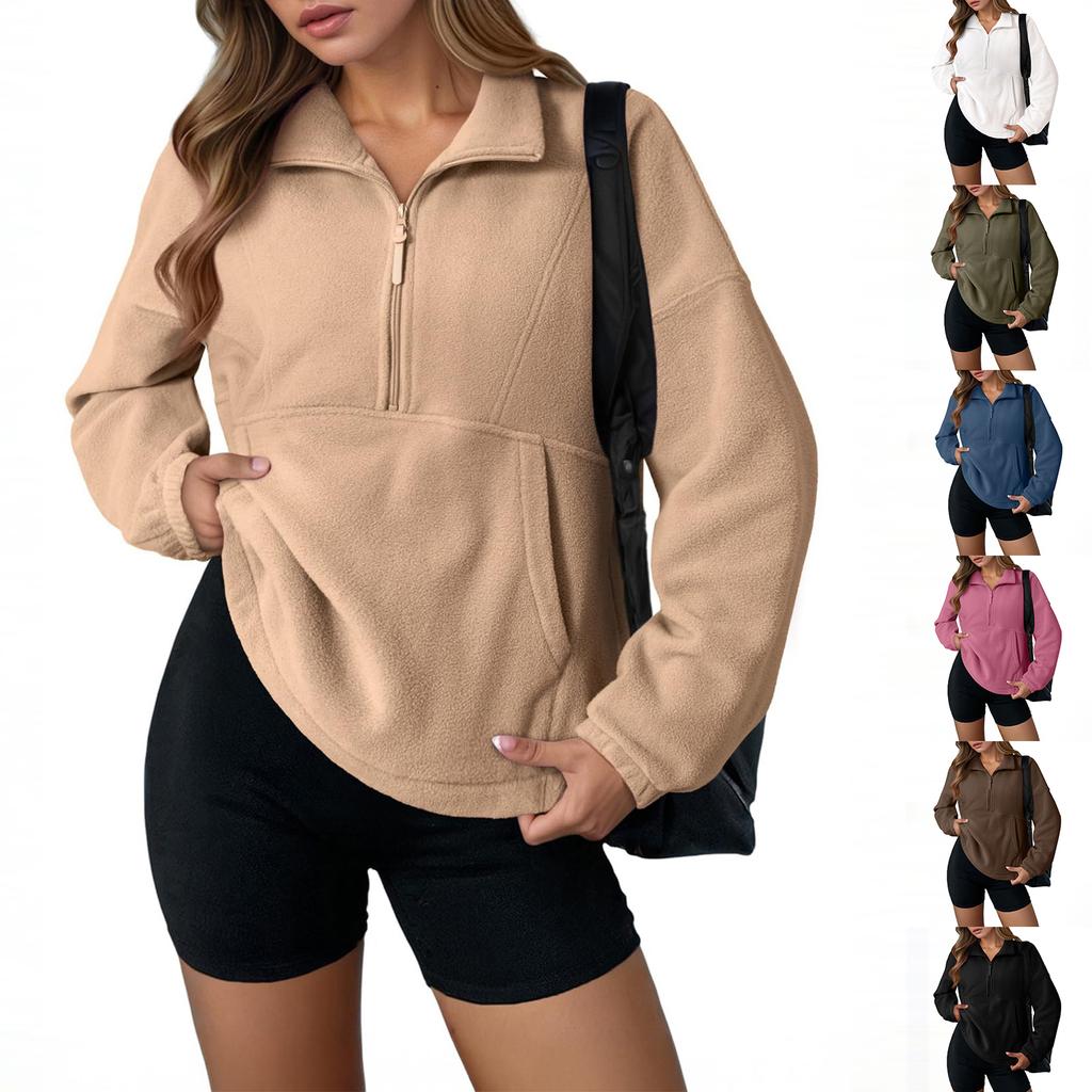 Женский флисовый спортивный пуловер на молнии до середины, модный свободный с длинными рукавами в уличном стиле