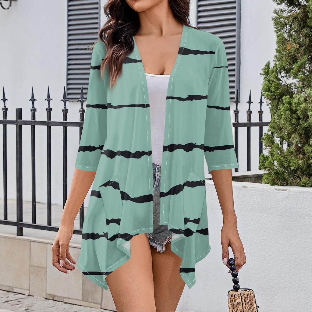 Женский кардиган неправильной формы с принтом, рукавами три четверти и карманной курткой