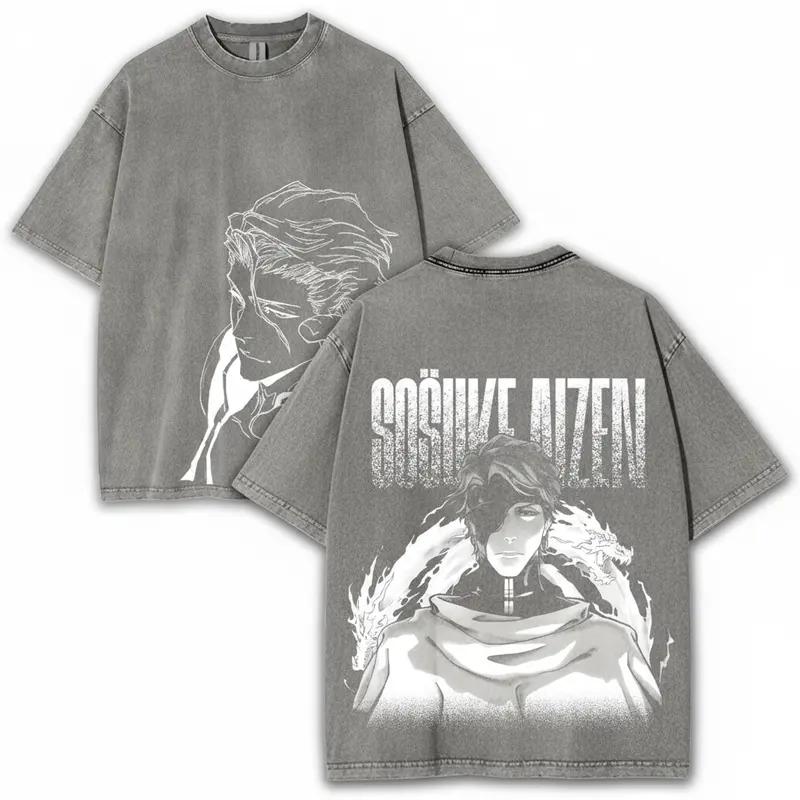 BLEACH Aizen Sousuke Printed Tee Men Women Retro Washed T-shirts Oversized Cotton T Shirt Short Sleeve Clothing Harajuku Tshirt