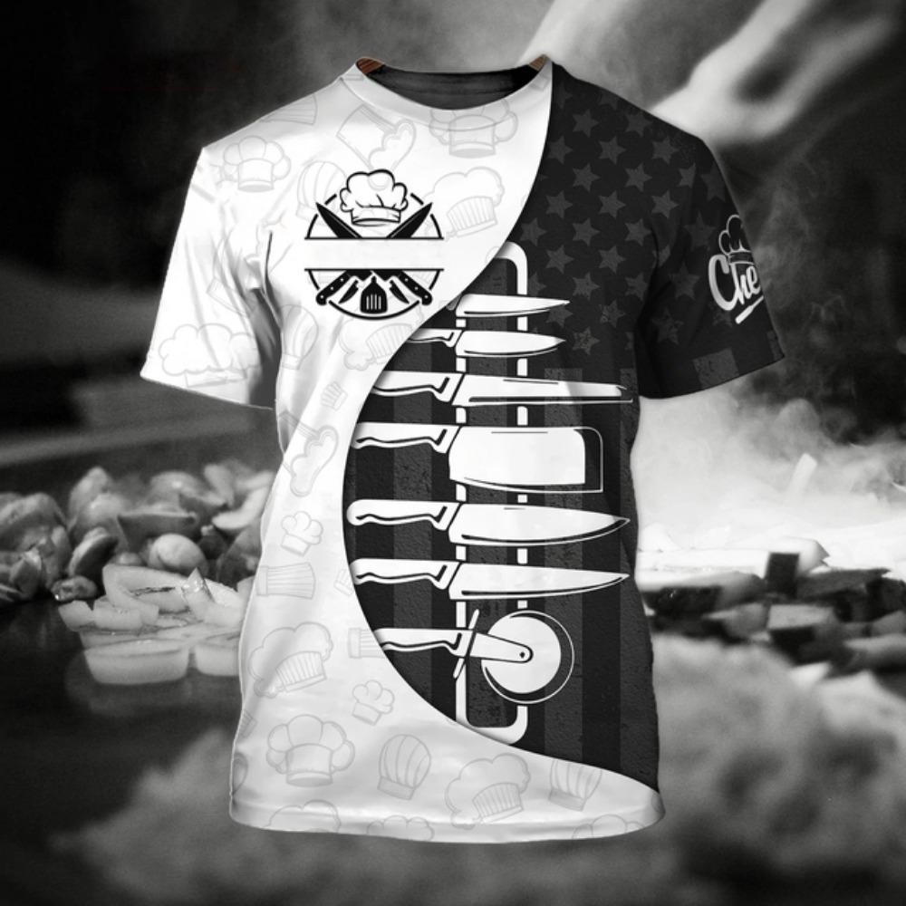Мужская футболка Винтажная футболка Летняя одежда Персонализированное имя шеф-повара 3D Ресторан Принт Топы Уличный повседневный спортивный свободный пуловер