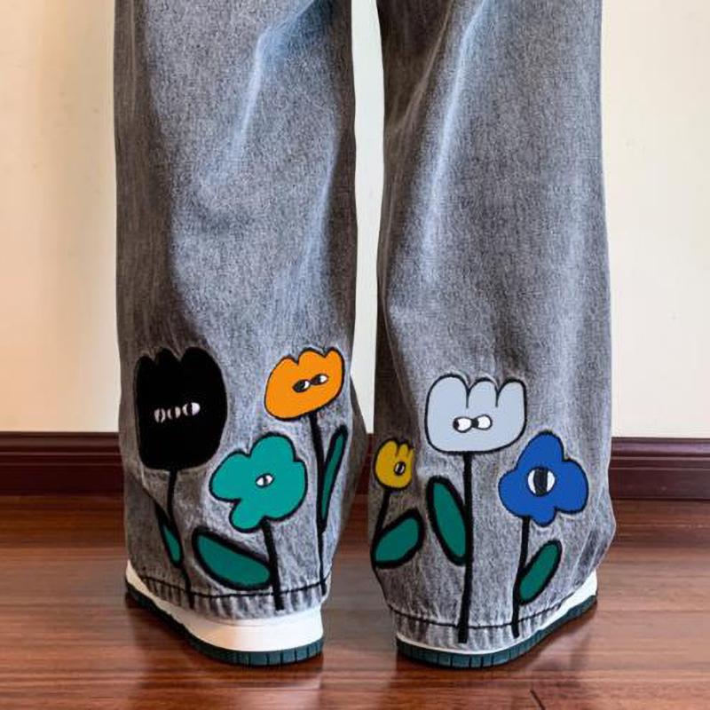 Мужские мешковатые джинсы Y2K с цветочным принтом, уличные американские повседневные джинсовые брюки, прямые брюки Hombre Vintage