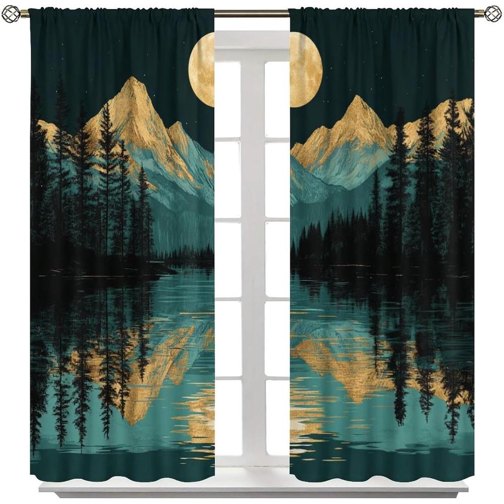 2 Panels Rustic Mountain Forest Blackout Curtains - Thermal Insulated Window Drapes with Night Moon Lake Landscape, Light Filter