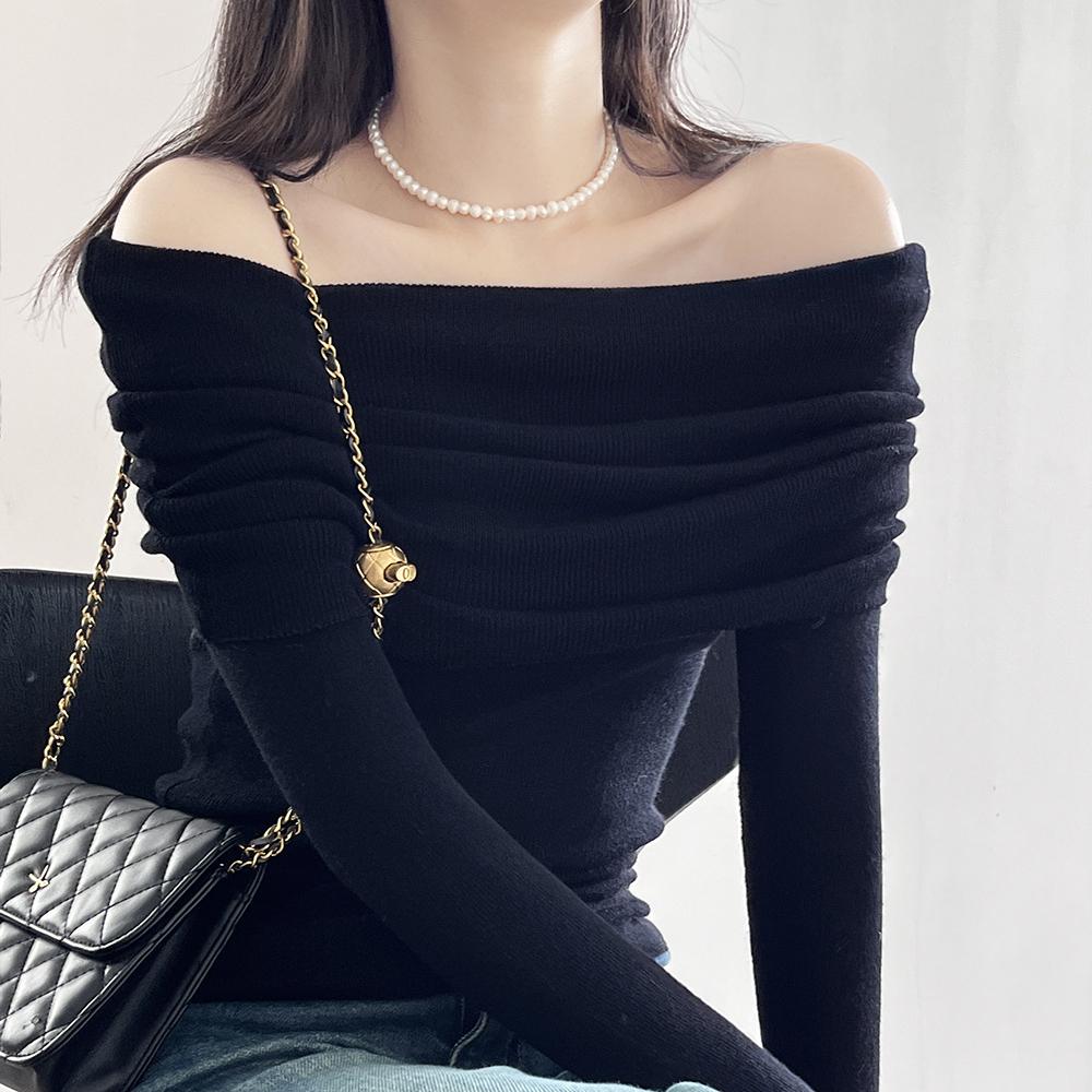 Весенне-осенняя женская футболка с длинными рукавами, сексуальная рубашка с вырезом «лодочка» и открытыми плечами, тонкая эластичная футболка