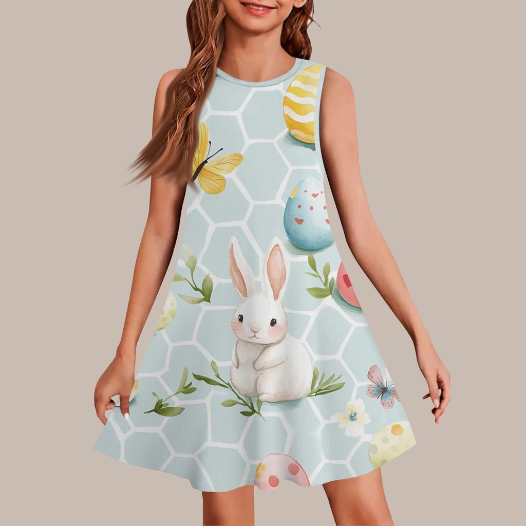 Девочки мода повседневный без рукавов круглый вырез пасхальный принт платье