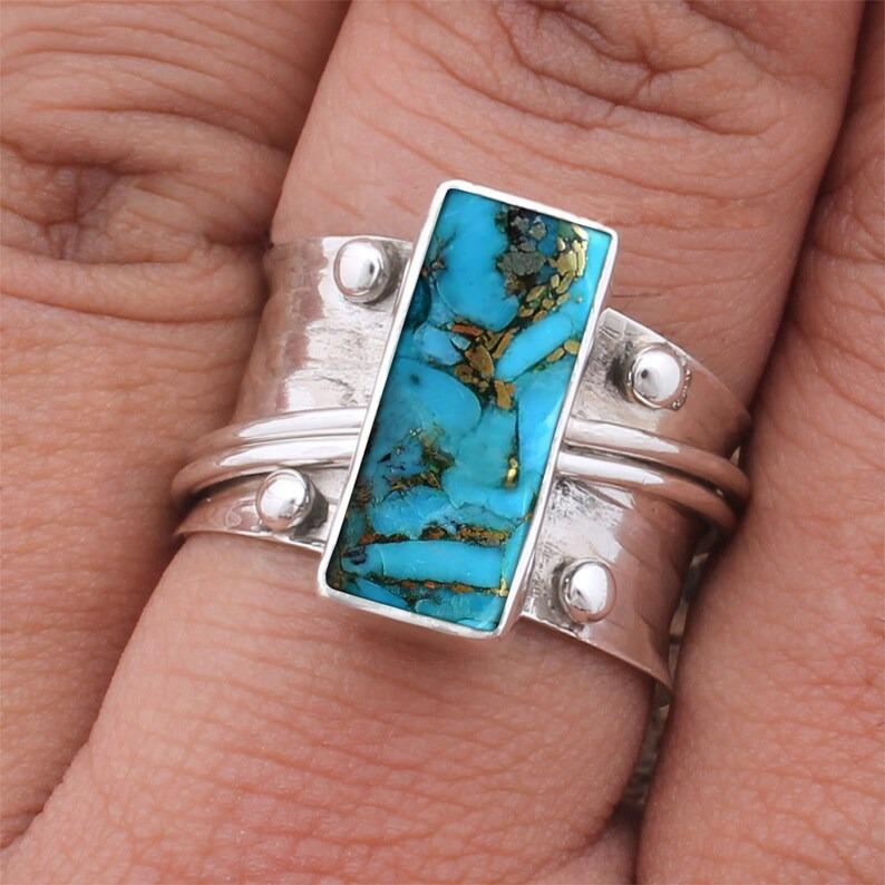 Длинное прямоугольное кольцо с синей медью и бирюзой, тяжелое кольцо, рождественский подарок на День святого Валентина, подарок на День Благодарения, эффектное кольцо, серебряное кольцо 925 пробы
