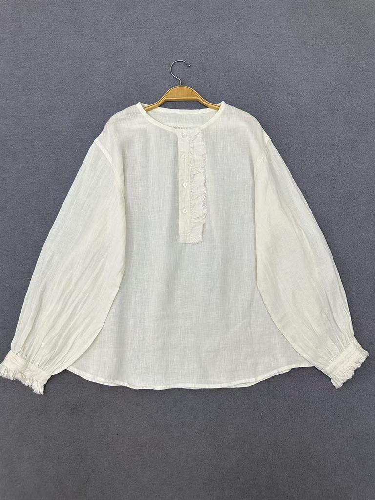 Johnature French Vintage Patchwork Ruffle Edge Round Neck Shirt For Women Casual Versatile Loose Vacation Blouses