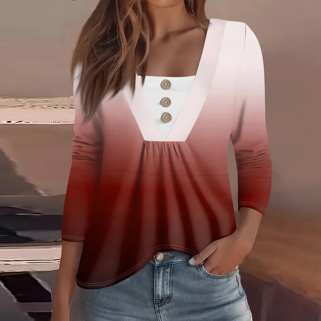 Women's Fashion Casual Long Sleeve Shirt Gradient Printed Button V Neck Up Tops