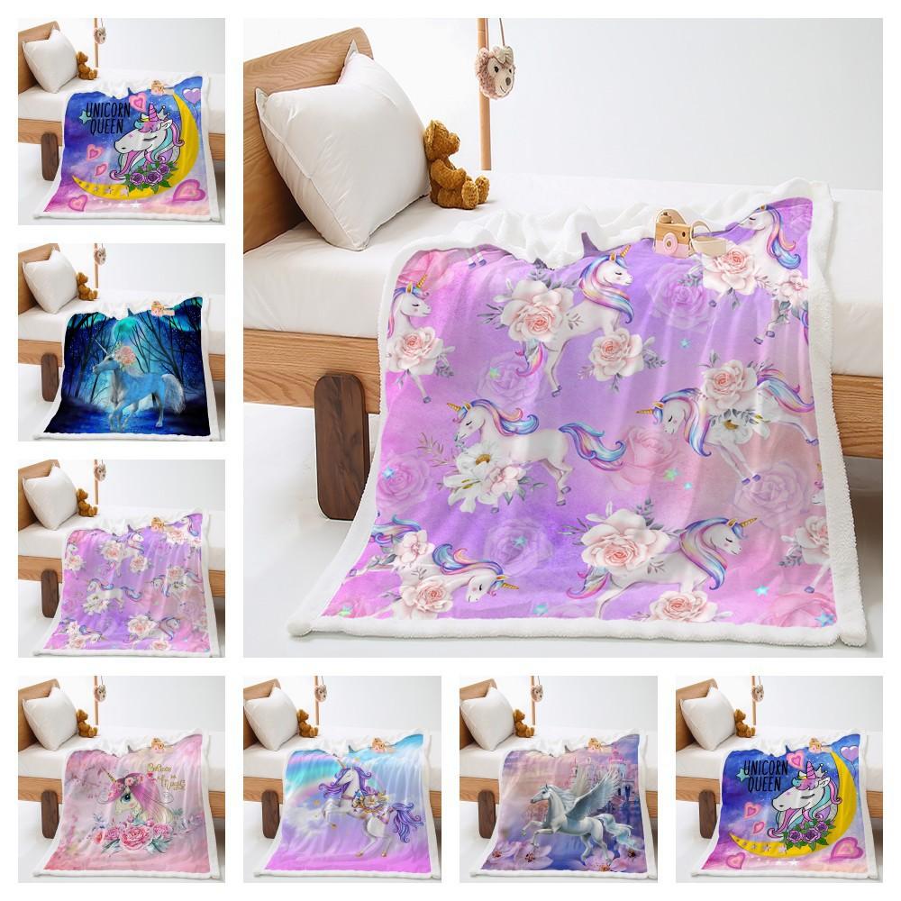 2D Digital Printed Cover Blanket Unicorn Cartoon Thickened Lamb Fleece Crystal Plush Blanket