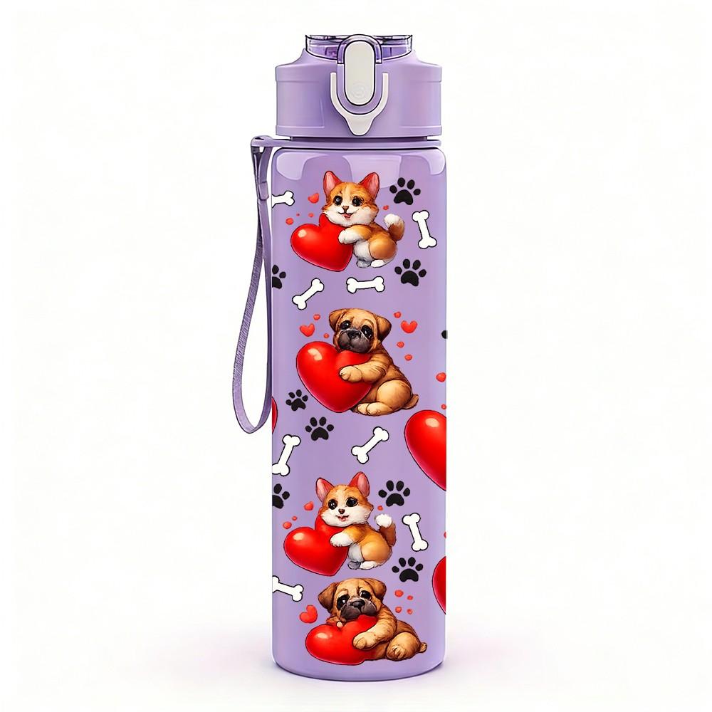 1PC Cherry Heart Love Valentine Pattern Print 750ml Color Plastic Sports Water Bottle Leakproof Flip Straw Lid Suitable for Sports Office Home Use