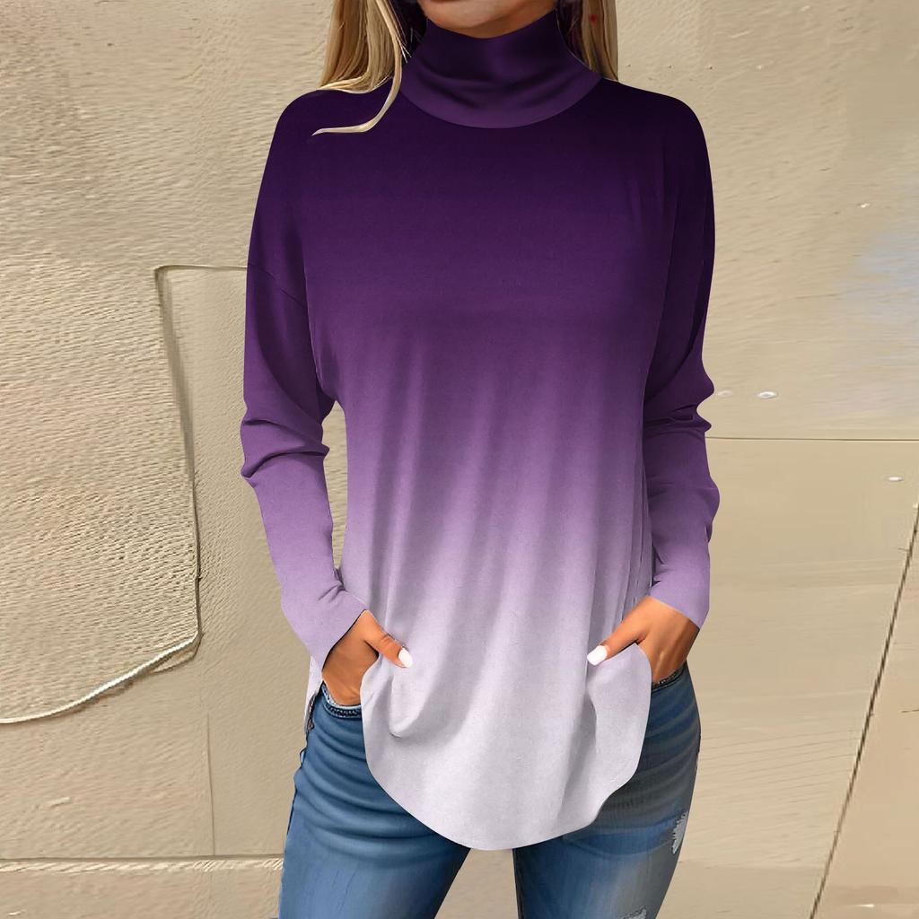 Футболки для женщин, осенние повседневные рубашки с длинными рукавами, толстовка с винтажным принтом, топ с высоким воротом, пуловер