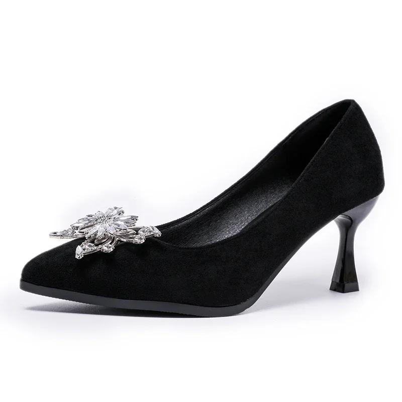 Модные однотонные простые черные туфли на каблуках для женщин 2024 года, сексуальные туфли с острым носком, роскошные свадебные туфли со стразами и бабочками для невесты